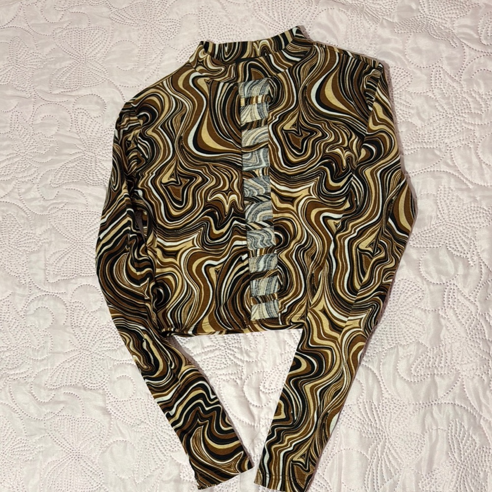 Brown and Tan Graphic Crop Blouse with Mandarin Collar